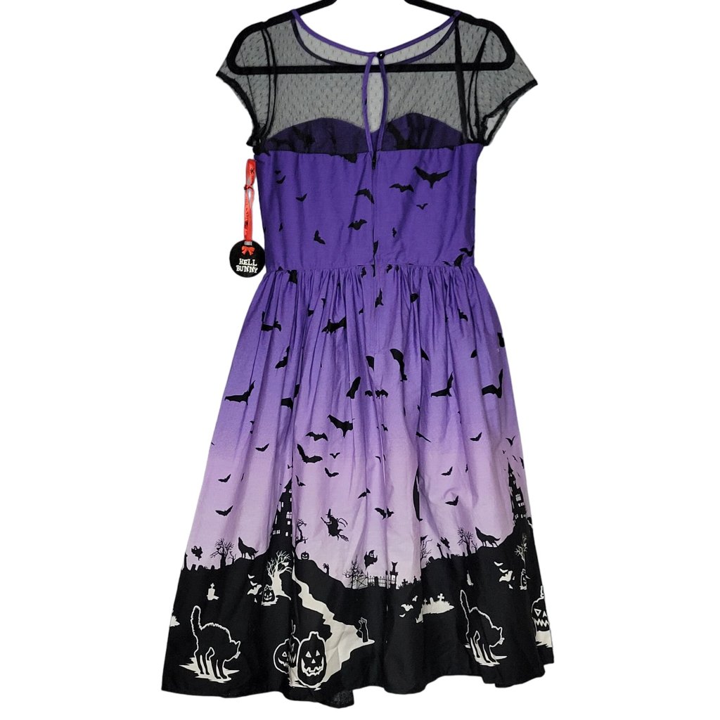 Purple Rockabilly Goth Punk Halloween Dress Bats Haunted House Print Sheer Mesh — image 3 of 8